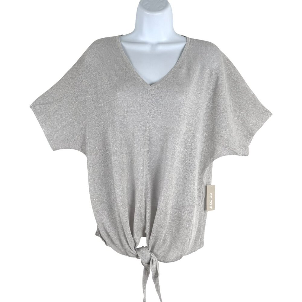Chico's Top Size 2 Silver Metallic Linen Blend Tie Front V-Neck‎ NWT TP-3707